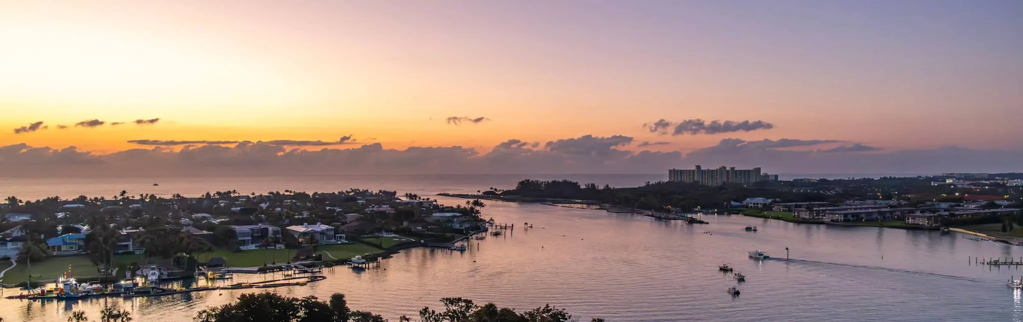 Golden sunset over the Jupiter Inlet and Intracoastal Waterway in Palm Beach County