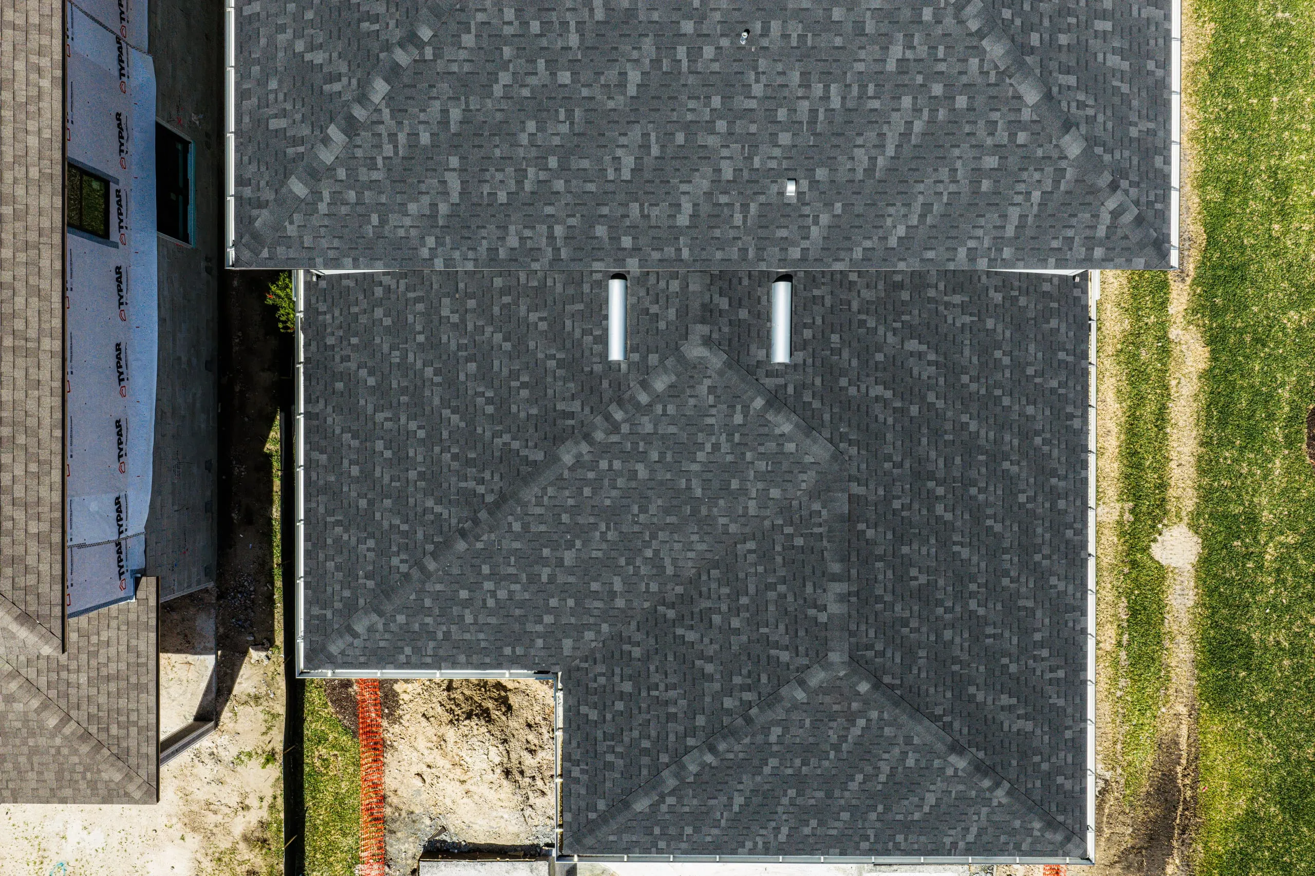 Top-down drone view of a new roof during construction