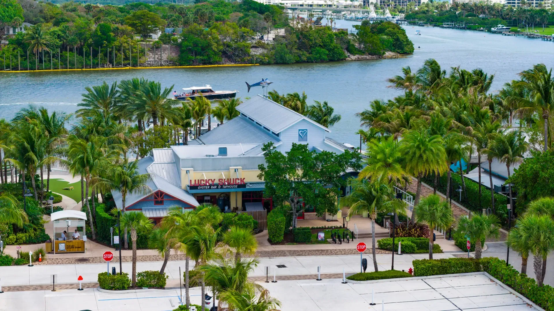 Aerial view of a completed waterfront commercial property